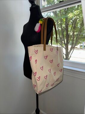 Canvas Tote Bag with Pink Heart Print and Tan Straps